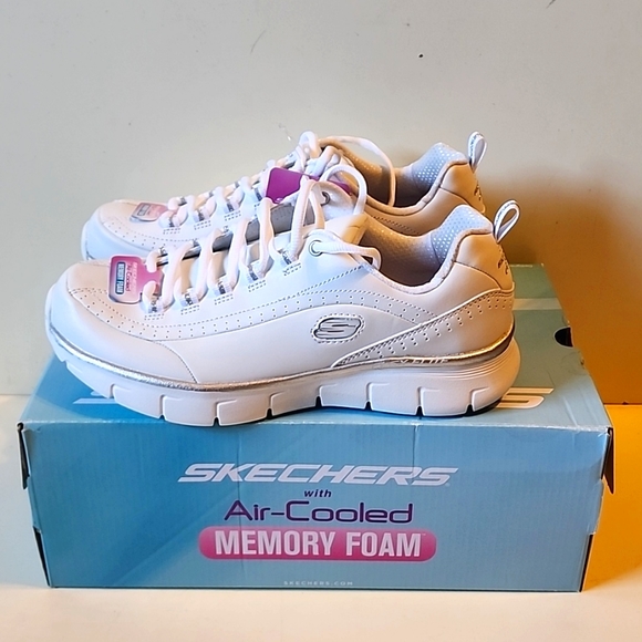 [SOLD]Skechers Elite White and Gray Sparkley Sneakers with Memory Foam - Picture 2 of 11